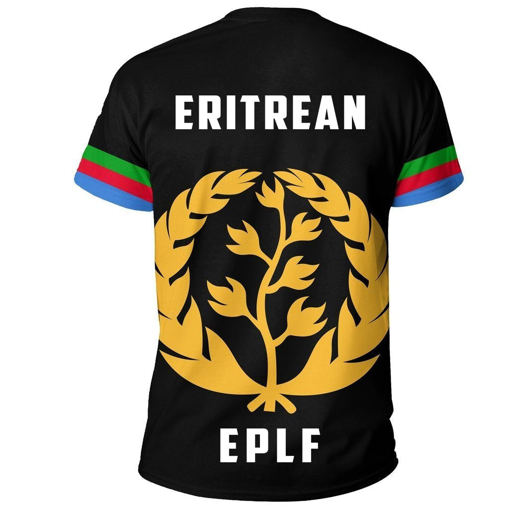 Schwarzes T‑Shirt Rückseite: ERITREAN oben, EPLF unten, goldenes Wappen