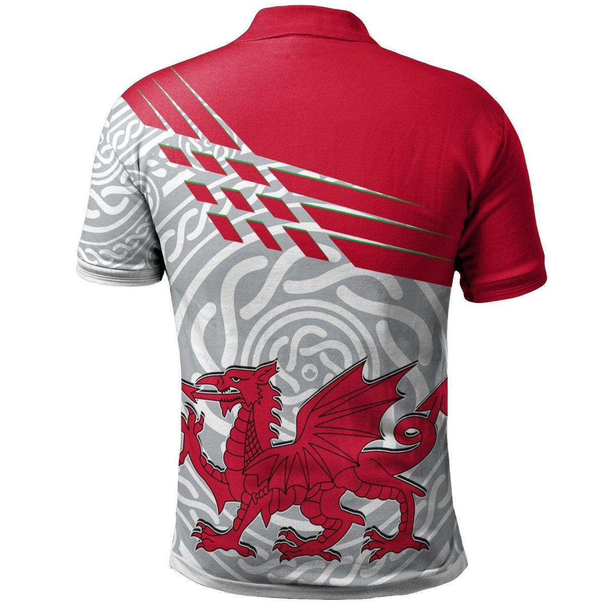 Red back Wales polo shirt with gray swirl design, dragon and crest graphic