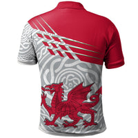 Red back Wales polo shirt with gray swirl design, dragon and crest graphic