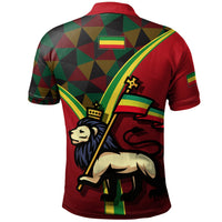 Back of red polo shirt with Ethiopian flag patch and geometric panel print
