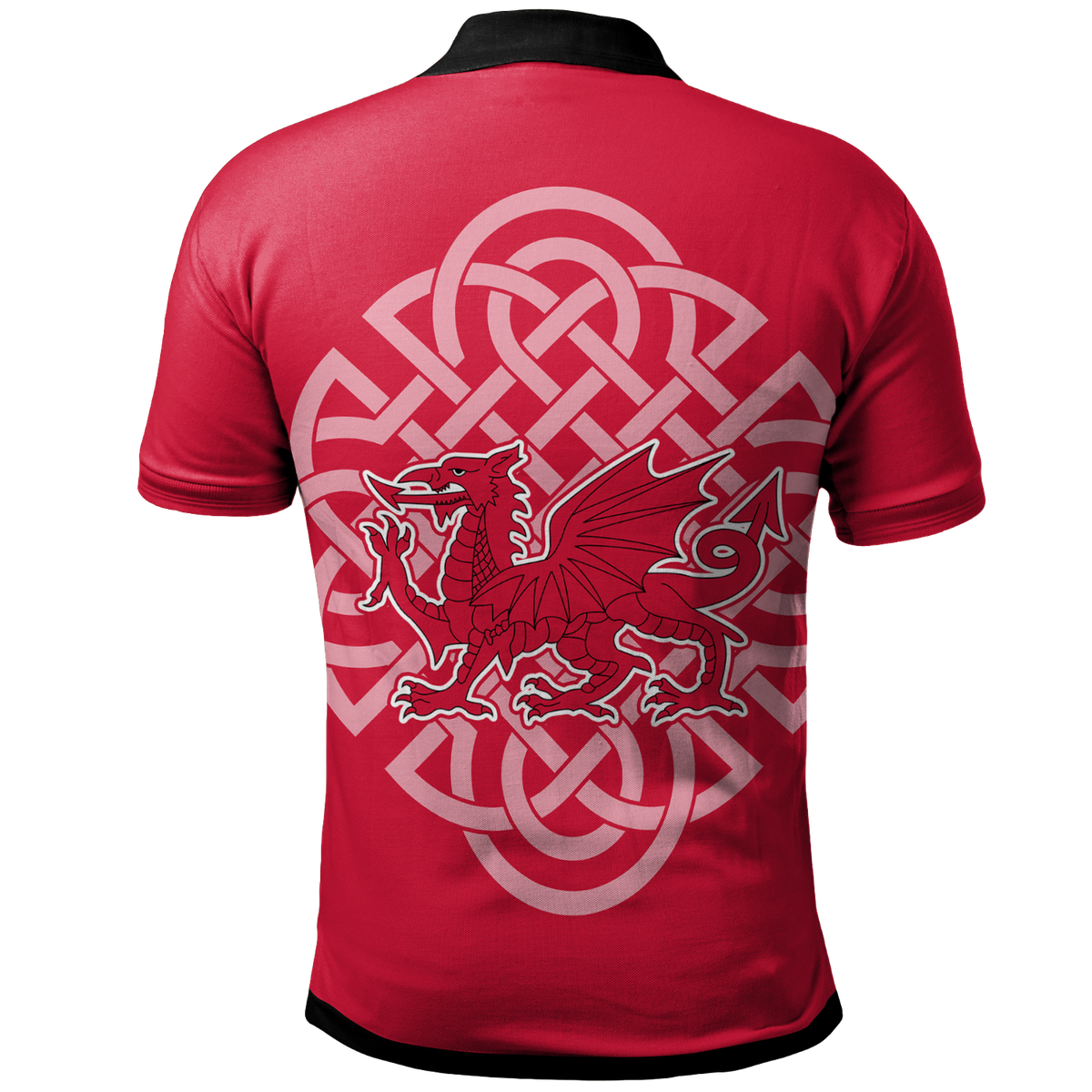 Red Wales celtic polo shirt back view with large white Celtic knot and dragon emblem