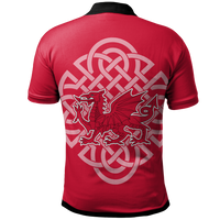 Red Wales celtic polo shirt back view with large white Celtic knot and dragon emblem