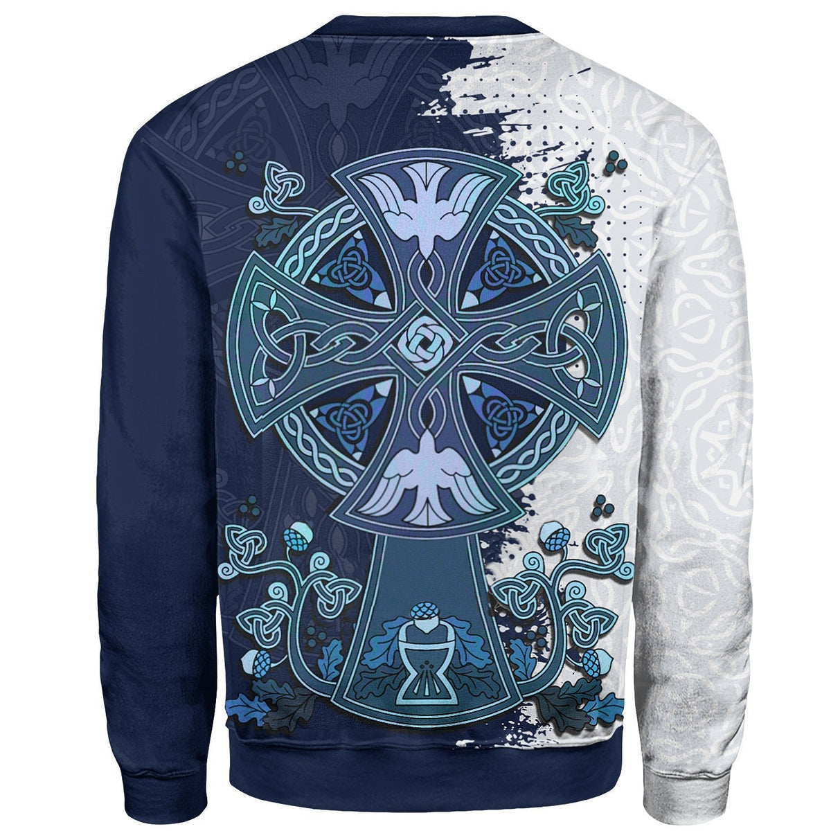Crewneck sweatshirt with Celtic cross back graphic and navy-light gray sleeves.
