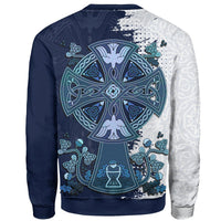 Crewneck sweatshirt with Celtic cross back graphic and navy-light gray sleeves.