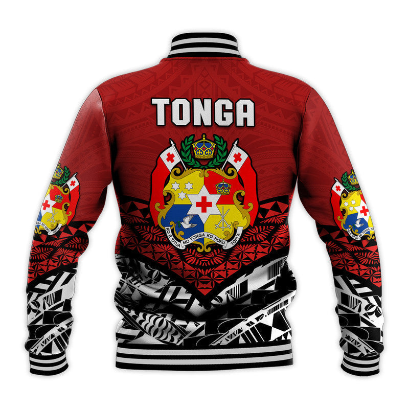 Red Tonga baseball jacket back view with 'TONGA' text and crest graphic; black striped cuffs.