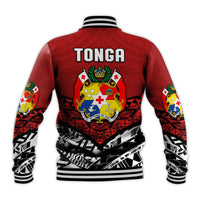 Red Tonga baseball jacket back view with 'TONGA' text and crest graphic; black striped cuffs.