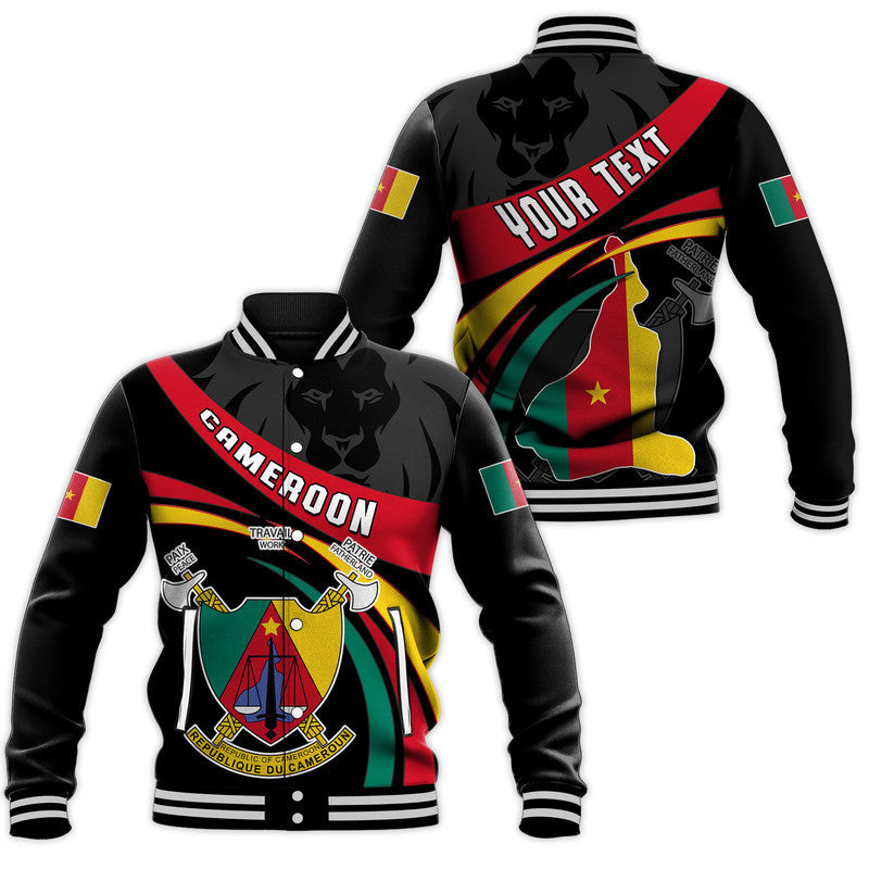 Black unisex baseball jacket with Cameroon graphic, snap front, striped ribbed cuffs