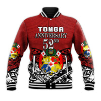 Red Tonga baseball jacket with 'Tonga Anniversary 52nd' print and black/white front hem.
