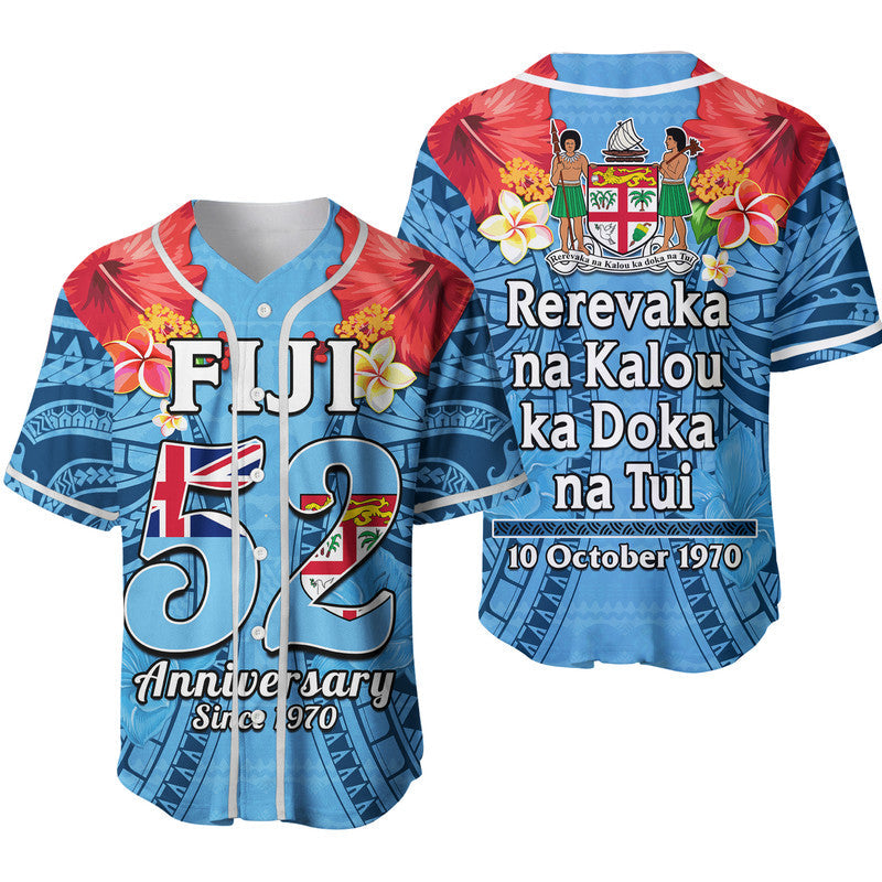 Blue baseball jersey with red shoulders, button front, and Fiji anniversary graphic text