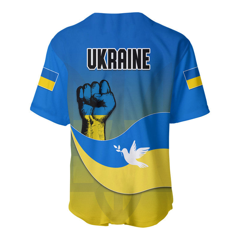 Blue baseball jersey back: UKRAINE logo with fist and dove over yellow-blue flag stripe