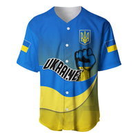 Blue baseball jersey with V-neck buttons; UKRAINE text, trident emblem, flag graphics