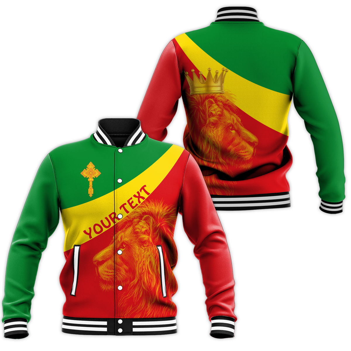 (Custom) Baseball jacket with lion of Judah crest and Ethiopian cross; red/green/yellow