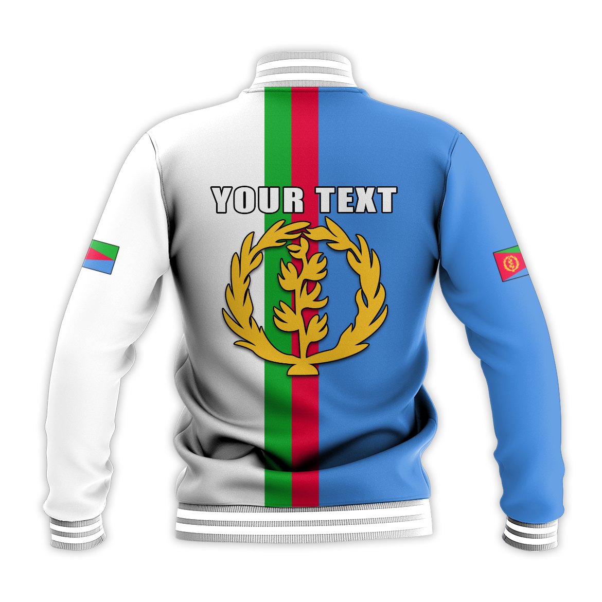 Back of Eritrea baseball jacket with flag panels, crest and “YOUR TEXT” print