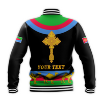 Black baseball jacket back with Eritrea cross crest and 'YOUR TEXT' over camel panel