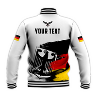 White unisex baseball jacket back with eagle emblem, "YOUR TEXT" and German flag grunge