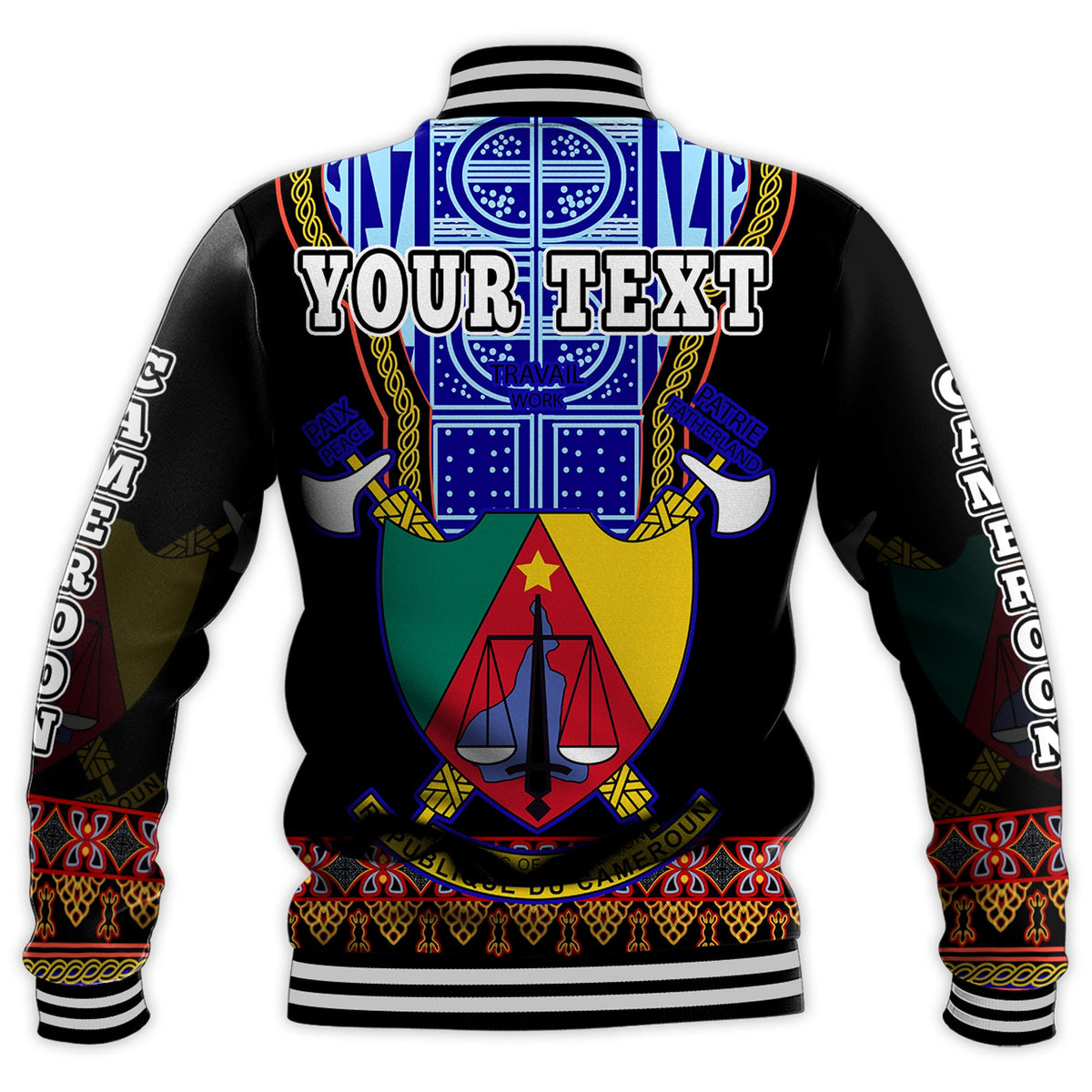 Black unisex baseball jacket back, 'YOUR TEXT' over Atoghu crest