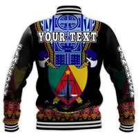 Black unisex baseball jacket back, 'YOUR TEXT' over Atoghu crest