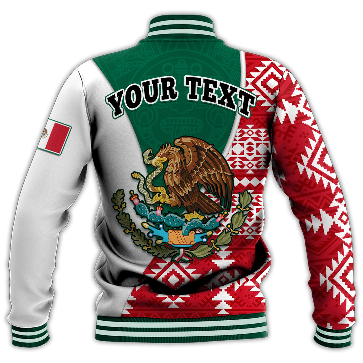 Back view red baseball jacket with eagle artwork, green yoke, and Aztec pattern