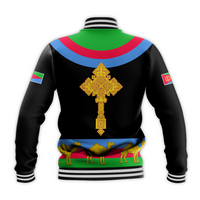 Unisex black baseball jacket back view, Eritrea cross emblem and camel graphic, ribbed cuffs