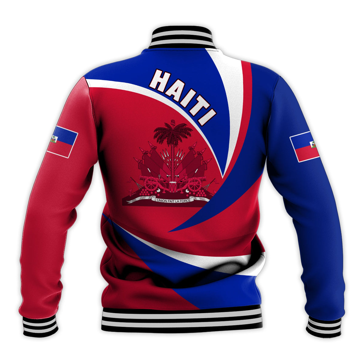 Haiti flag baseball jacket back print, red and blue with ribbed collar and hem stripes