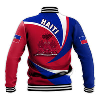 Haiti flag baseball jacket back print, red and blue with ribbed collar and hem stripes