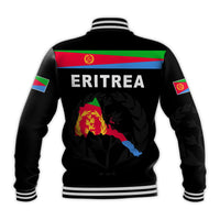 Black unisex baseball jacket back with ERITREA text, lion emblem, ribbed hem and cuffs