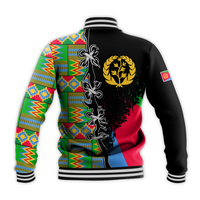 Back view Eritrea knot baseball jacket, black sleeves with multicolor geometric panels, ribbed hem