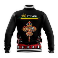 Black baseball jacket back with ETHIOPIA text and colorful cross portrait graphic