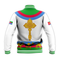 Back view baseball jacket: white with green striped collar, Eritrea flag cross emblem