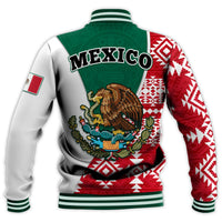 Back view unisex baseball jacket, 'Mexico' logo with eagle and Aztec red/white pattern