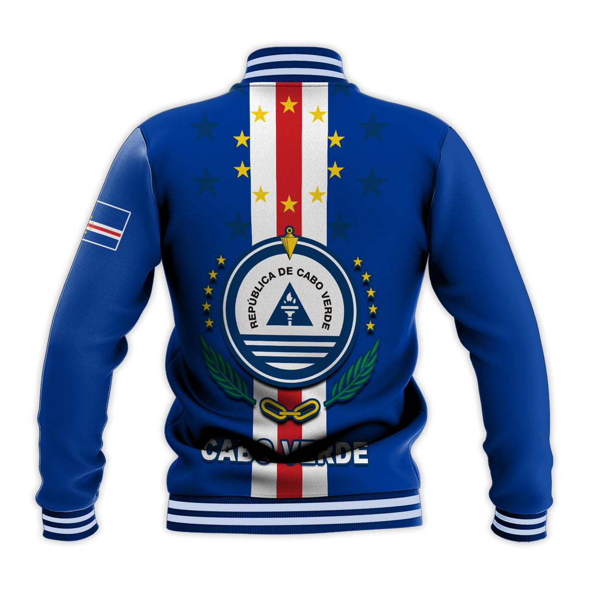 Back view blue varsity jacket with vertical flag panel, circular crest, ribbed hem stripes