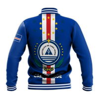 Back view blue varsity jacket with vertical flag panel, circular crest, ribbed hem stripes