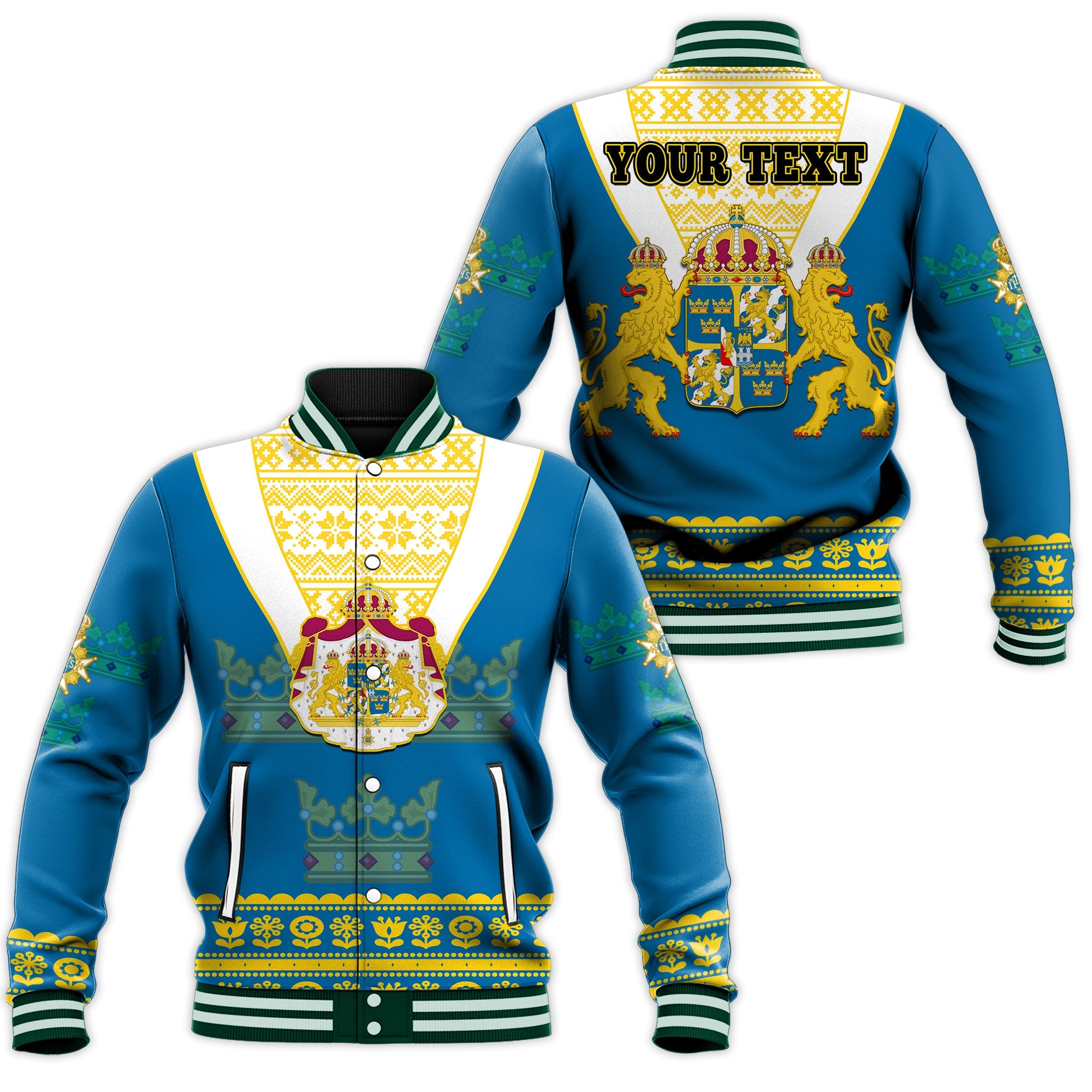 (Custom Personalised) Sweden Baseball Jacket Swedish Coat Of Arms With Scandinavian Flowers - Wonder Print Shop