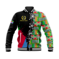 Unisex multicolor baseball jacket with Eritrea-style geometric pattern and front print