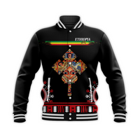 Black baseball jacket with ribbed collar and multicolor Ethiopian graphic across front