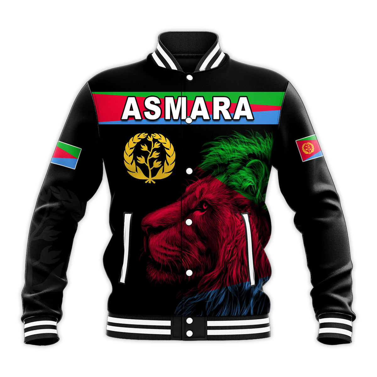 Black unisex baseball jacket with ASMARA lettering, lion graphic, striped ribbed collar