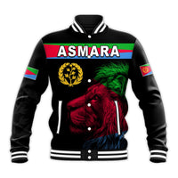 Black unisex baseball jacket with ASMARA lettering, lion graphic, striped ribbed collar