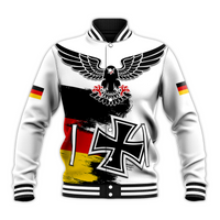 White unisex baseball jacket with German eagle wings, flag grunge and cross graphic