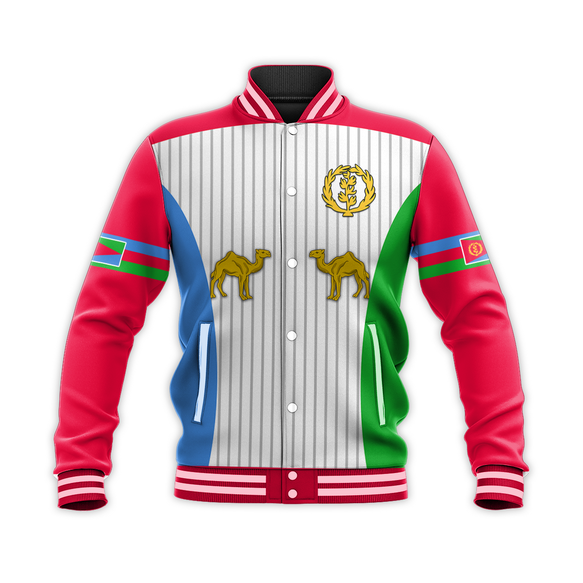 Eritrea baseball jacket with red sleeves, striped accents, and crest on front