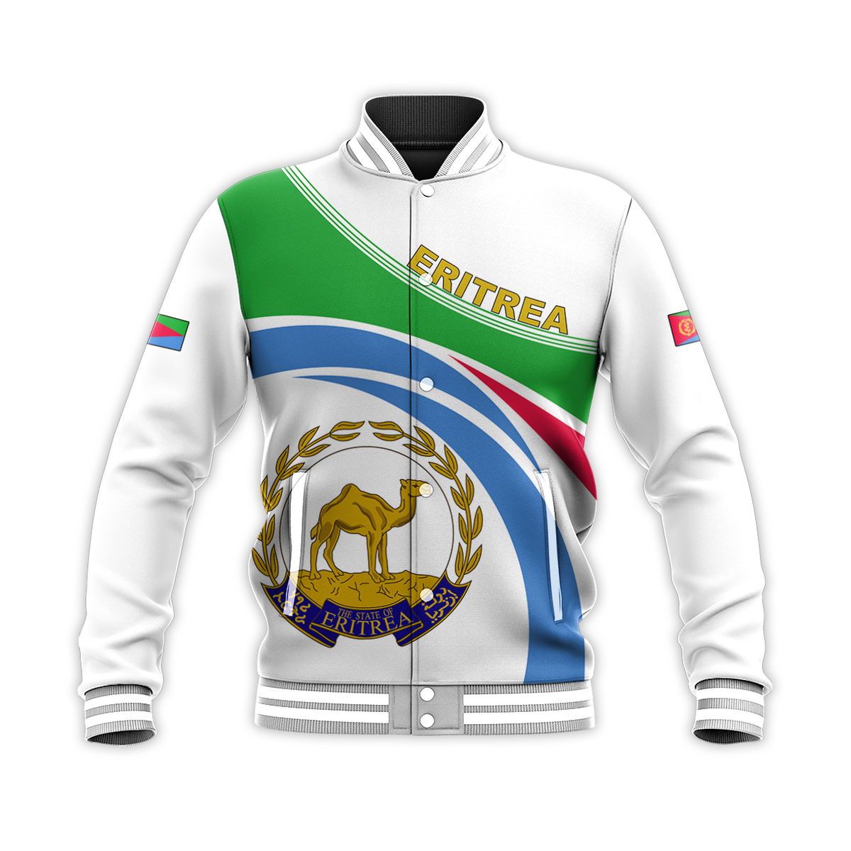 White baseball jacket with Eritrea front crest, green/blue stripes, snap-button placket
