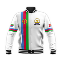 Eritrea striped baseball jacket front with snap buttons, crest and vertical color stripe
