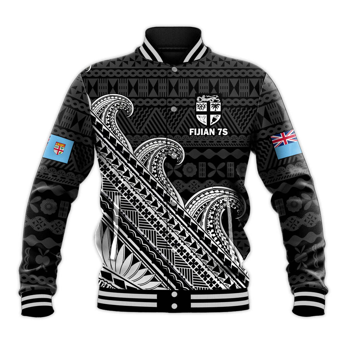 Unisex black baseball jacket with Polynesian tapa-style graphics and Fiji 7s emblem