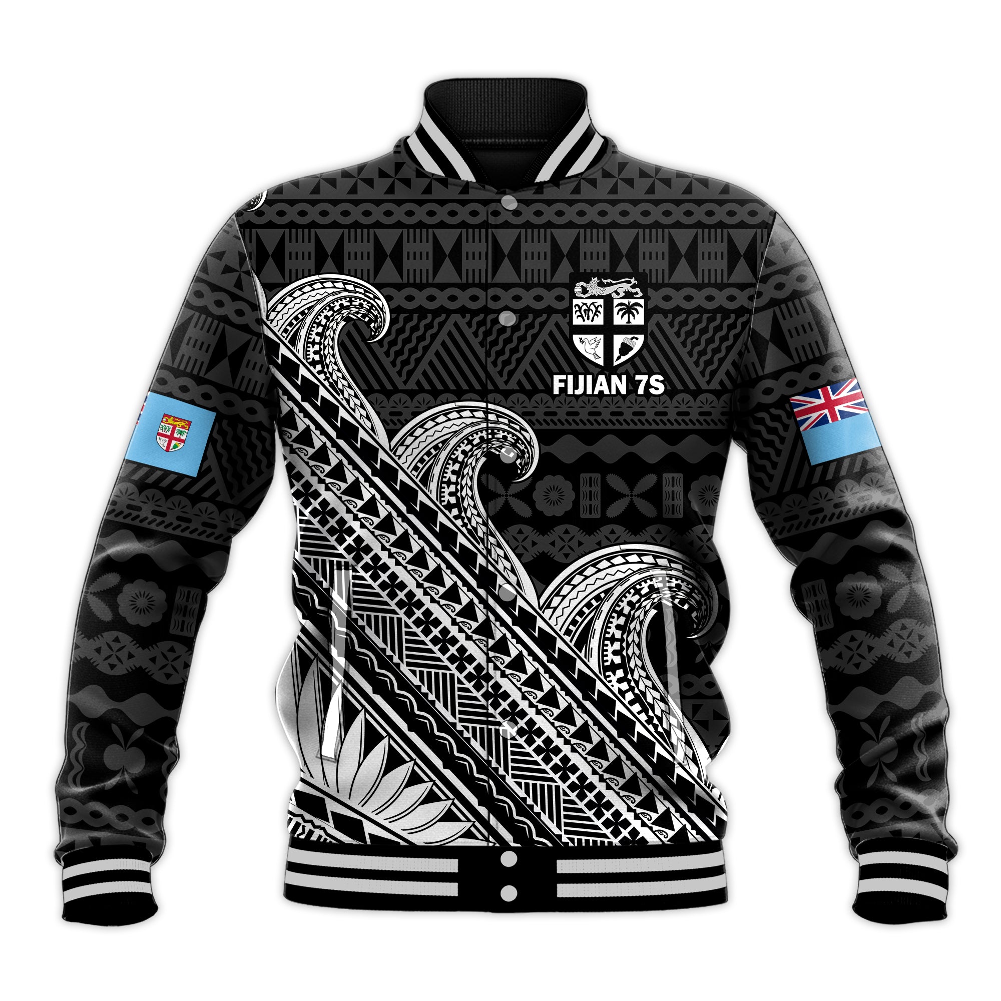 (Custom Text And Number) Fiji Sevens Rugby Fijian 7s Black Tapa Polynesian Art Baseball Jacket - Wonder Print Shop