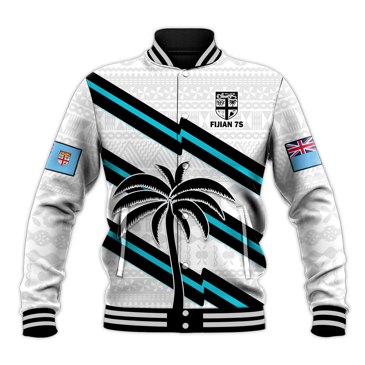 White baseball jacket with black and teal stripes, palm graphic, ribbed collar and cuffs