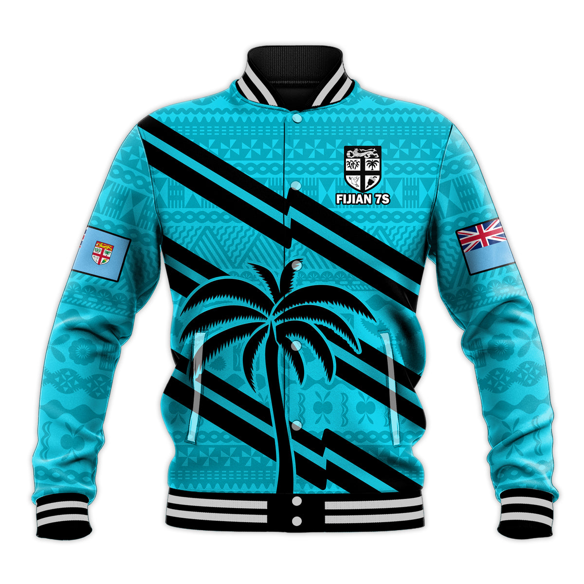 Cyan baseball jacket with black stripes, palm tree graphic, and varsity ribbed collar cuffs