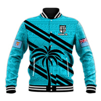 Cyan baseball jacket with black stripes, palm tree graphic, and varsity ribbed collar cuffs