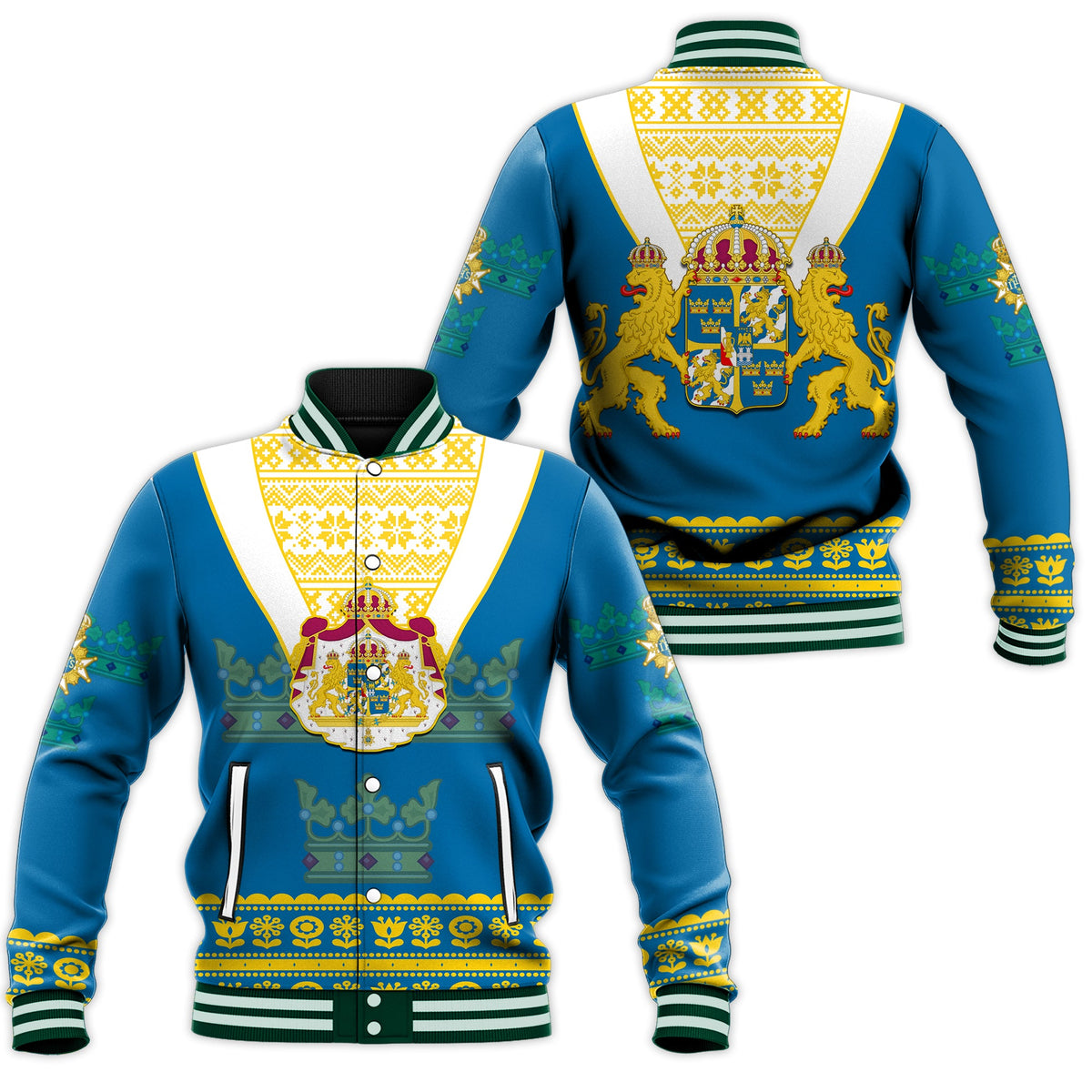 Blue baseball jacket with Sweden crest, gold pattern yoke, green/black ribbed cuffs