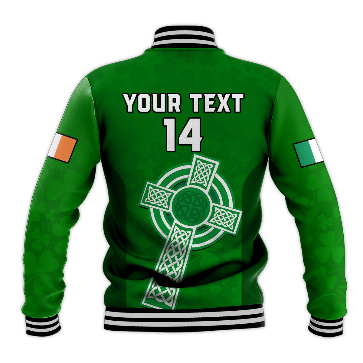 Green baseball jacket back with custom text and number 14, shamrock cross graphic