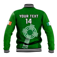 Green baseball jacket back with custom text and number 14, shamrock cross graphic