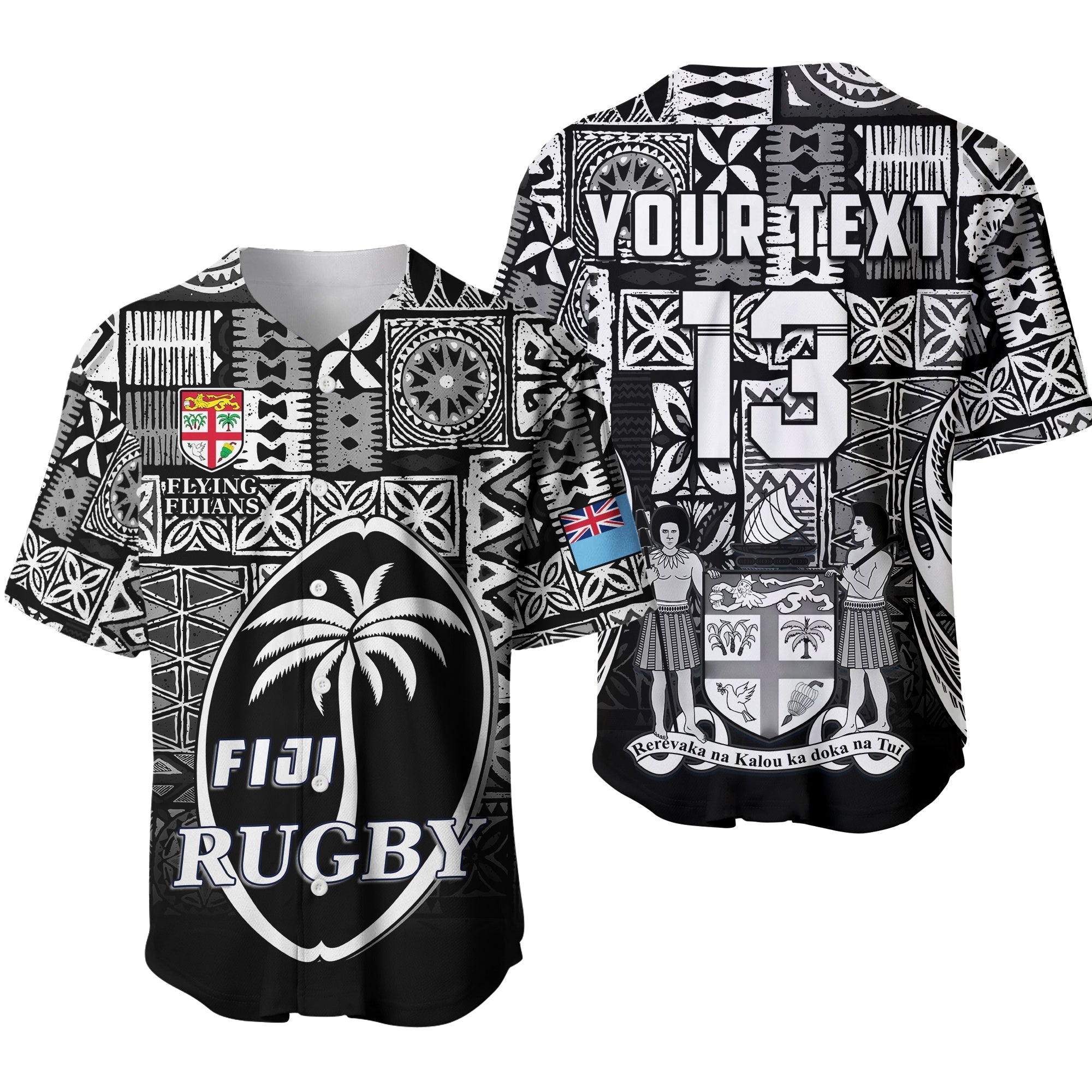 (Custom Text and Number) Fiji Rugby Baseball Jersey Flying Fijians Black Tapa Pattern LT13 - Wonder Print Shop